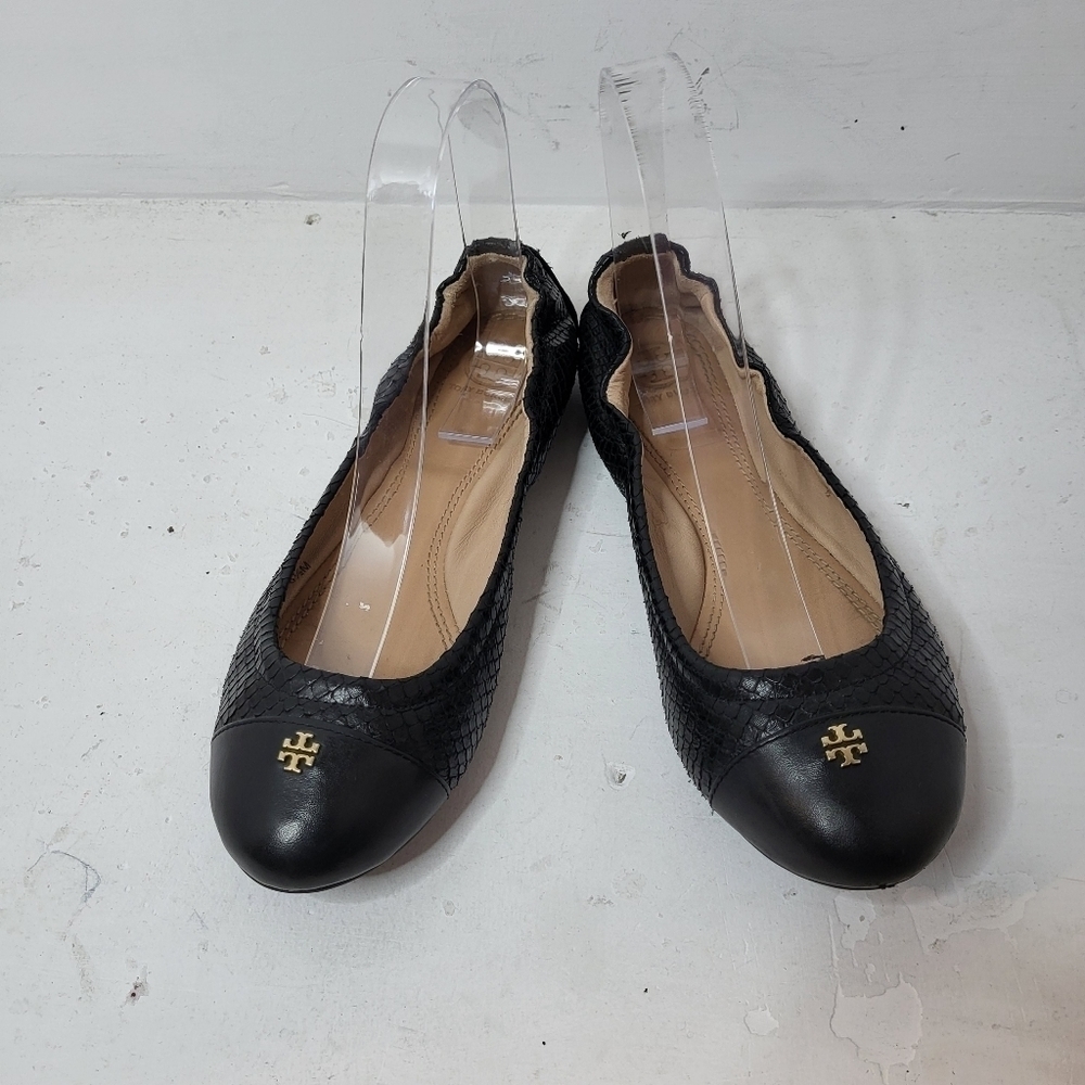Tory Burch Black New York Snake Print Cap Toe Logo Ballet Flats Size 6.5